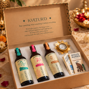 Kultur'd Gourmet Diwali Box | Kultur'd Assorted Zero Addded Sugar Kombuchas (Lychee Lemonade, Mango Coconut, Ginger Lemongrass) , Artisanal Chocolates from Anuttama & Handcrafted Diya