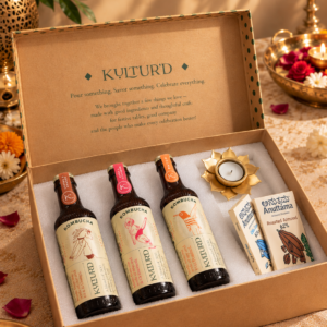 Kultur'd Gourmet Diwali Box | Kultur'd Assorted Low Sugar Kombuchas (Apple Cinnamon, Peach, Coffee Orange) , Artisanal Chocolates from Anuttama & Handcrafted Diya (Copy)